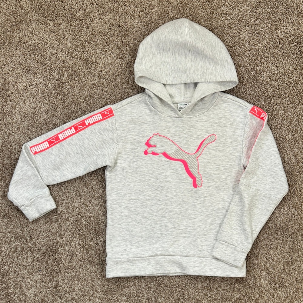 Puma Kids Girls Hoodie Gray Pink Logo Size L 12-14 Athletic Sportswear‎